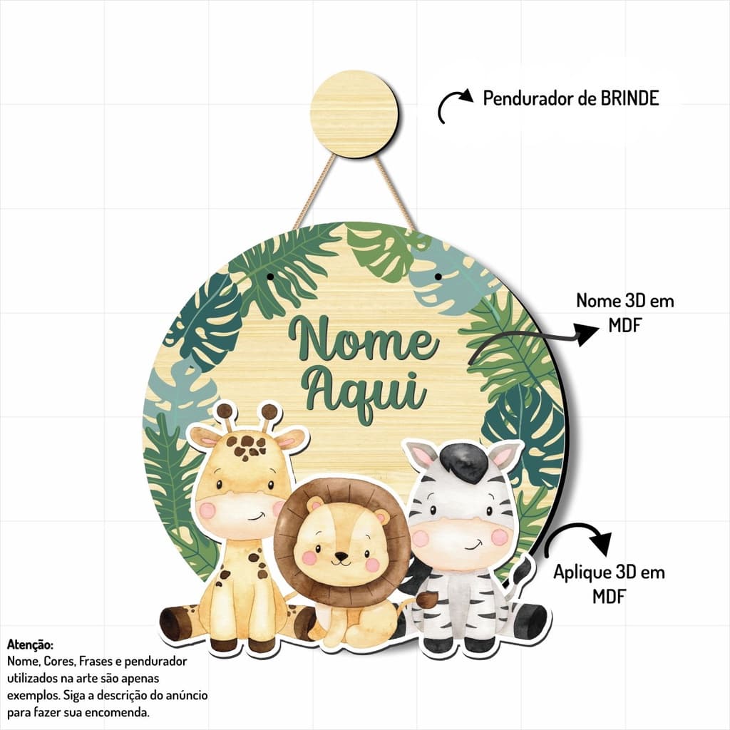 Placa de Porta Maternidade Bichinhos Safari Bebê quadro redondo Personalizado com Nome