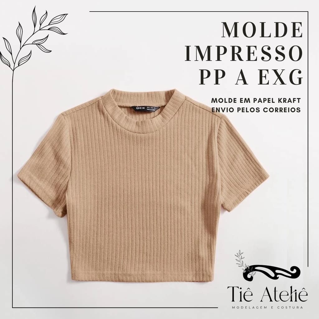 MOLDE EM PAPEL KRAFT CROPPED COM MANGA CURTA E GOLA PARA COSTURA MODELAGEM EM PAPEL KRAFT