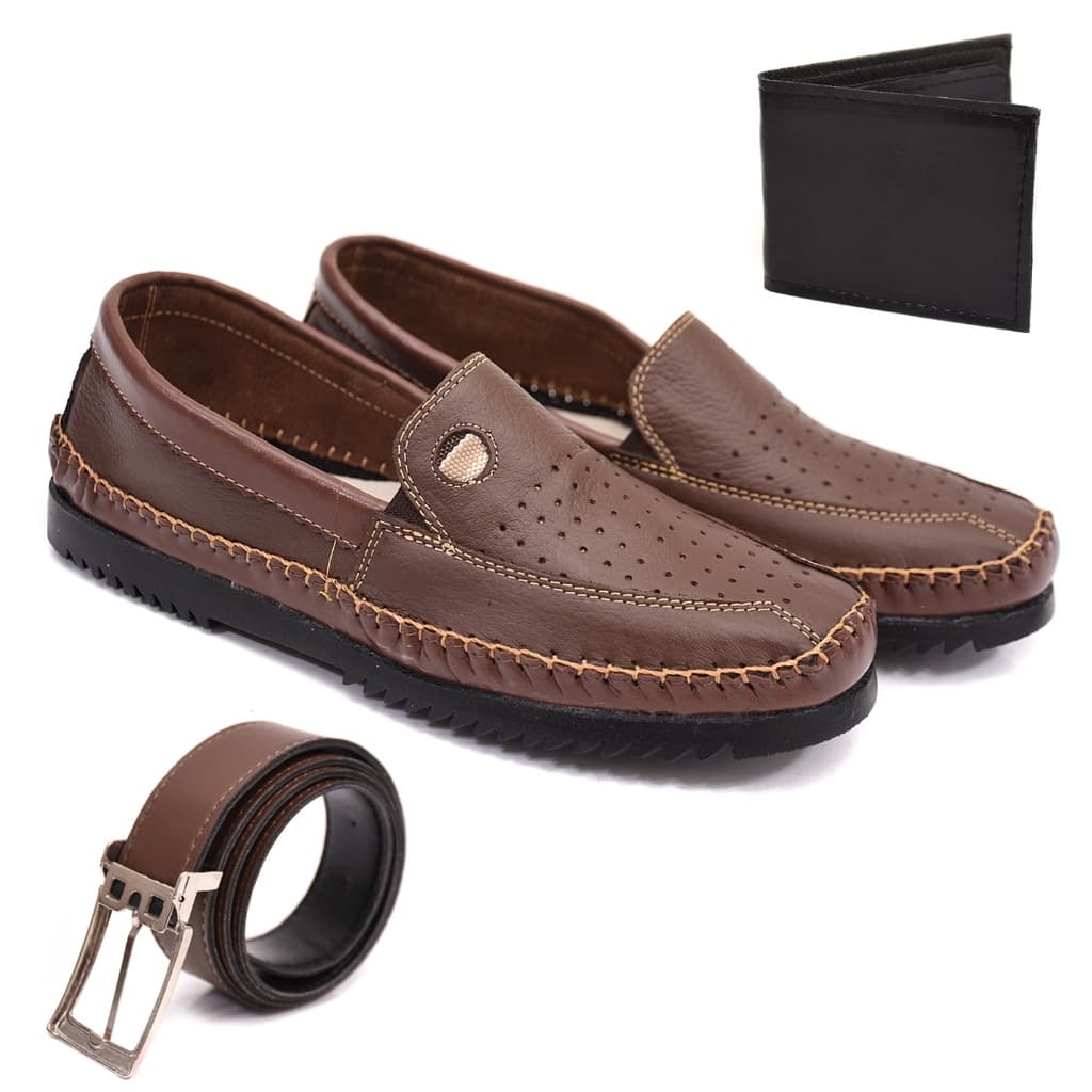 Kit Sapatilha Mocassim Casual Masculino Em Couro + Cinto + Carteira