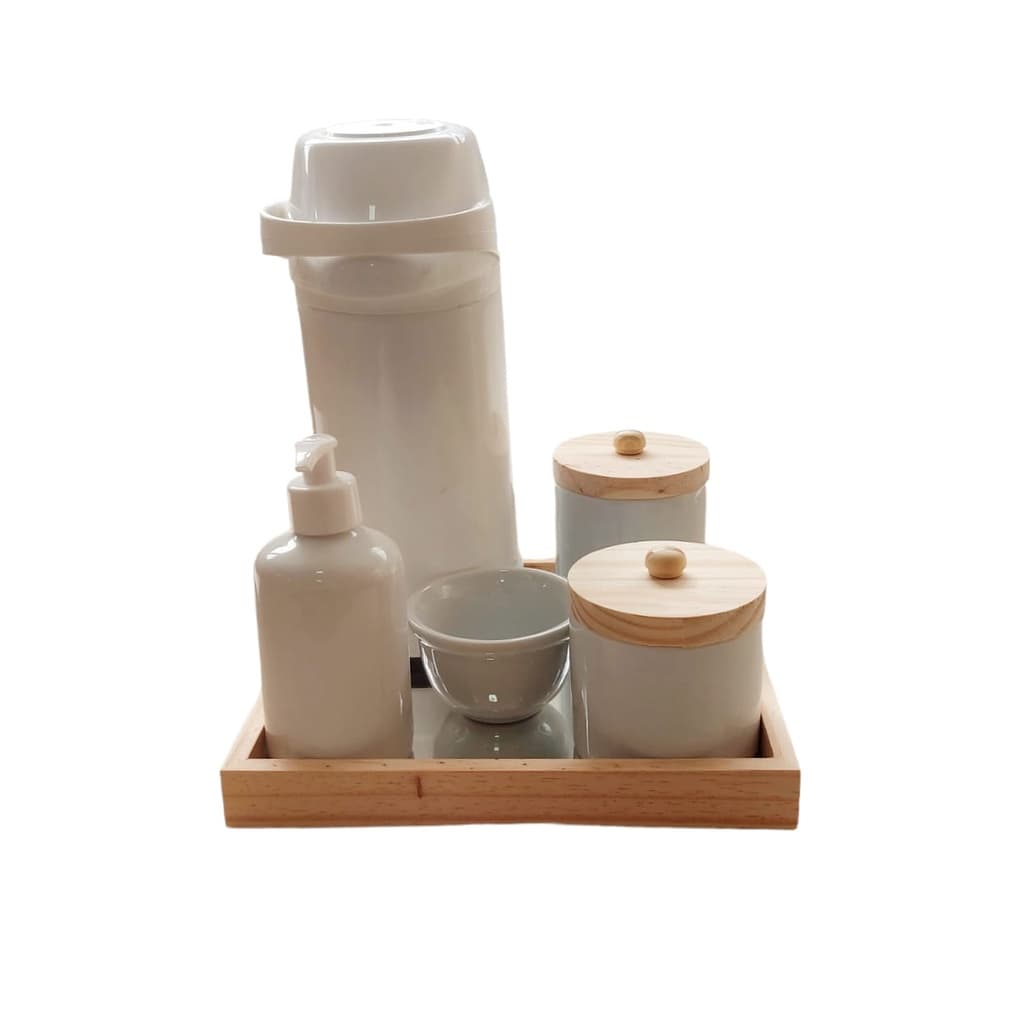 Kit Higiene Porcelana Bebê Garrafa Térmica Grande 1 Litro Bandeja Com Espelho Saboneteira Molhadeira e Potes.