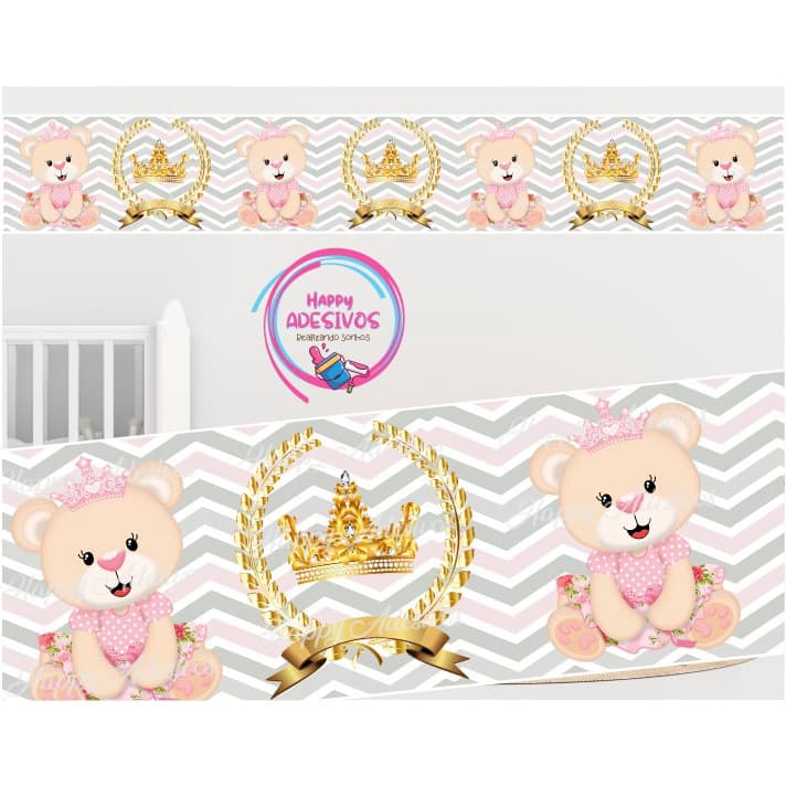 Faixa Adesiva Decorativa para Parede Ursa Ursinha Rosa Coroa Realeza Personalizada Nome Adesivo de Parede Menina Infantil Baby