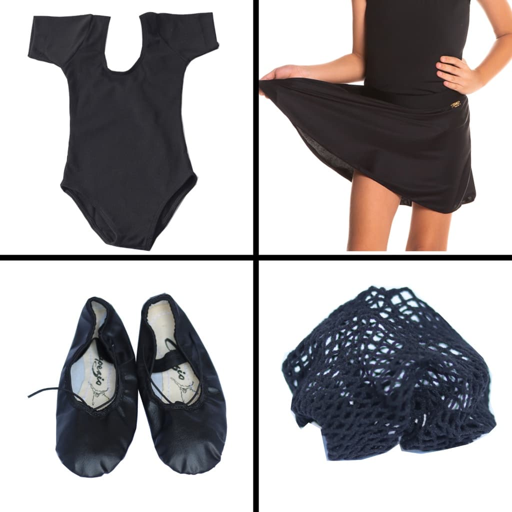 Kit Completo Ballet Infantil Balé Uniforme 4 Peças Preto Lindo Roupa de Reposição de Ballet , Peças no Preto , Preta