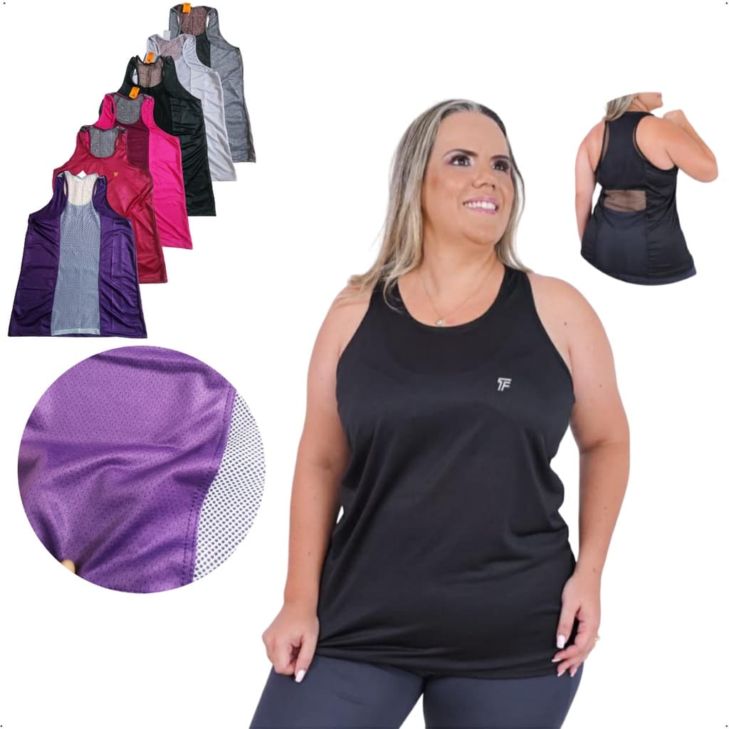 Blusa Regata fitness feminina Plus Size  Confeccionada em Dry Fit de Poliéster Furadinho Academia