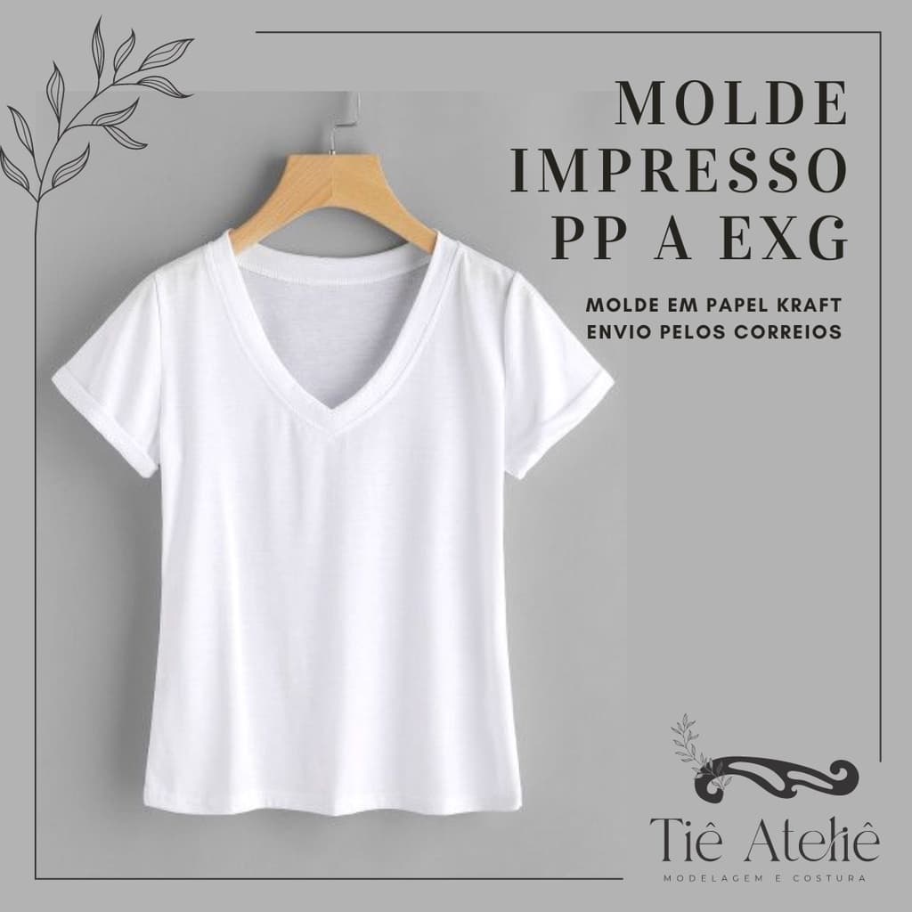 MOLDE EM PAPEL KRAFT DE CAMISETA FEMININA GOLA V PARA COSTURA MODELAGEM EM PAPEL KRAFT