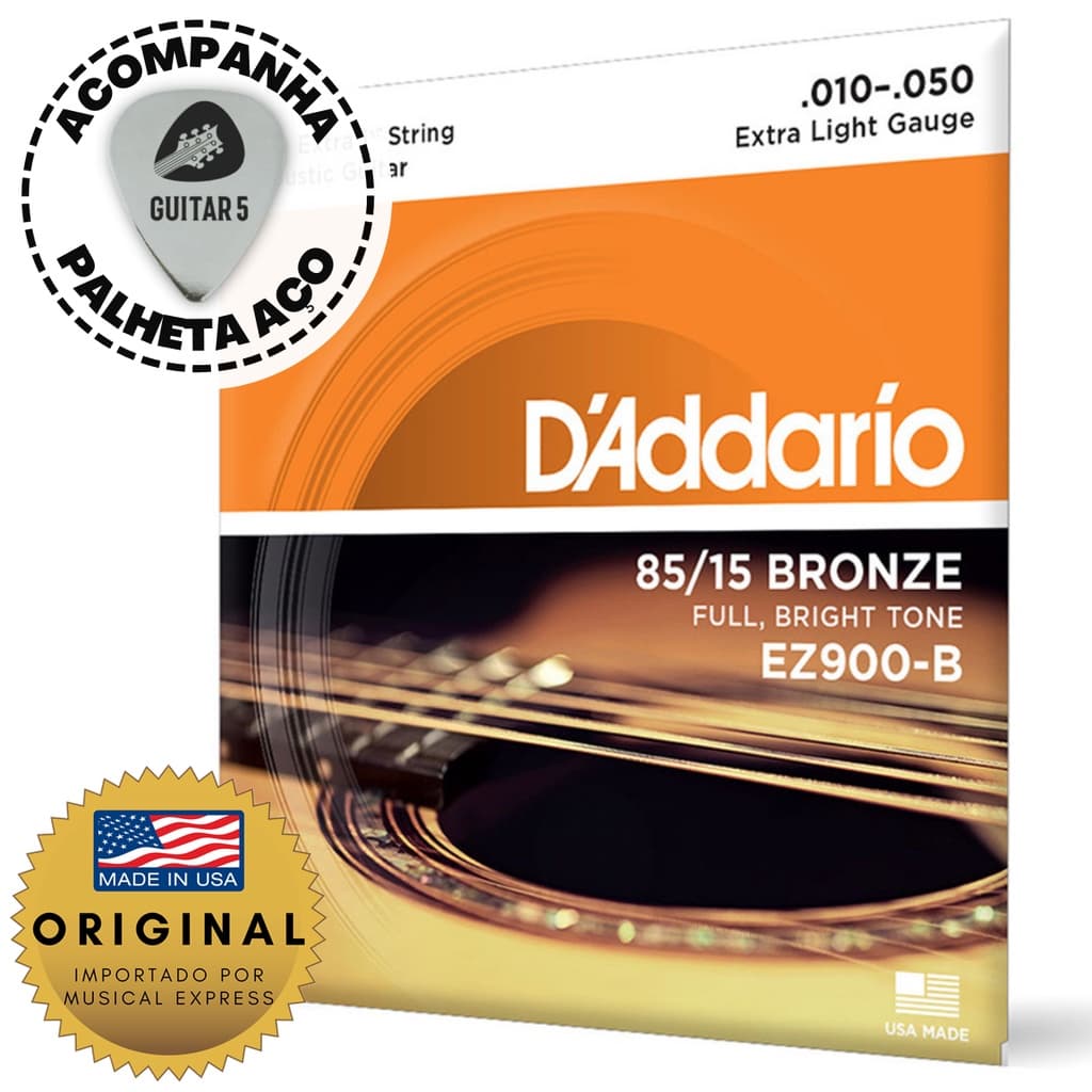 Encordoamento Jogo de Cordas Para Violão Aço Daddario ORIGINAL 0.010 EZ900-B Com 1ª Mizinha Extra