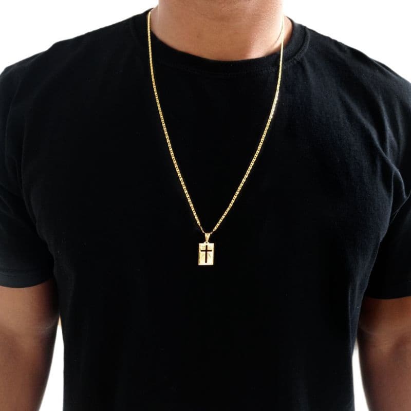 Corrente Correntinha Masculino Grumet Banhado A Ouro 18k Cordão fino e Pingente Cruz Placa