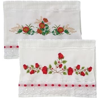 Jogo de toalhas Bordadas de Mão Lavabo Rosas e Girassóis vermelhos. 2 peças com bordado. Cor das toalhas: branco