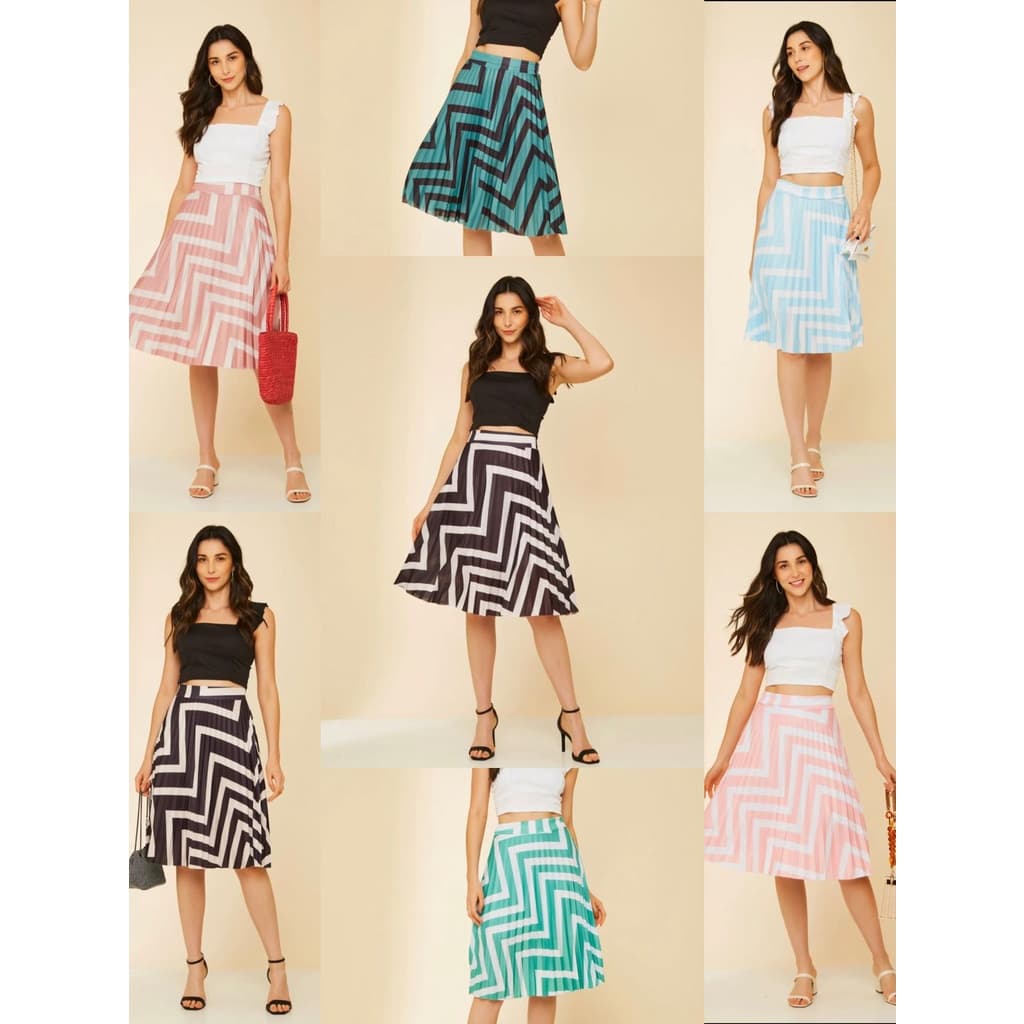 Saia Plissada Midi - Estampas Zig Zag - Cintura Alta - Moda Evangélica-00043