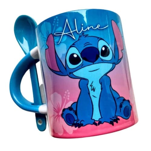 Caneca xícara de Porcelana Personaliza Stitch com Colher e Interior Azul
