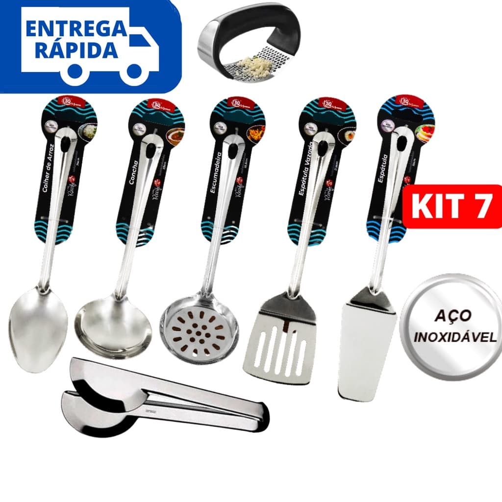 Jogo Kit 07 Utensílios de Cozinha Linha Recife 100% Inox 21cm Com Amassador de Alho e Pegador