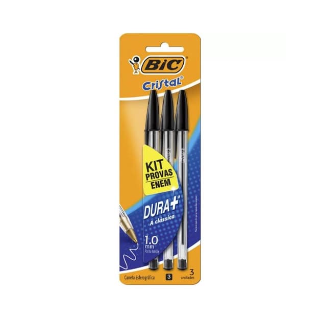 Kit Enem, Caneta Esferográfica BIC Cristal Dura Mais Preta, A Clássica, Ponta Média de 1.0mm, 930095 - BT 3 UN