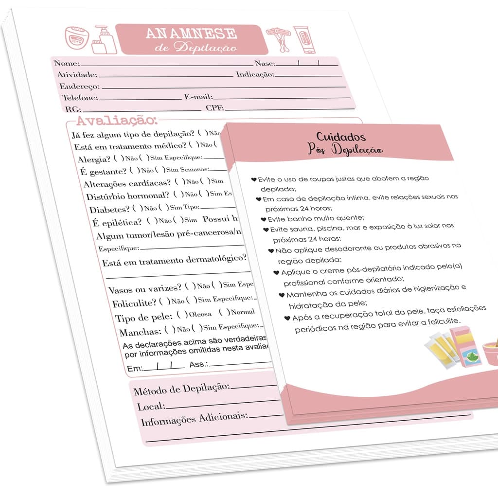 Ficha de Anamnese de Depilação + Bloco de Cuidados Pós Depilação