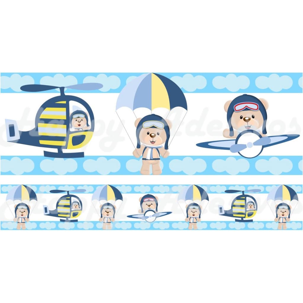 Faixa Adesiva Decorativa Border Infantil Ursinho Aviador Urso Azul Nuvem Decoração de Quarto Menino Bebe Papel de Parede Adesivo