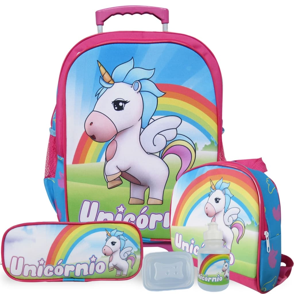 Kit Mochila Unicórnio Infantil de Rodinhas Lancheira e Estojo Tamanho G