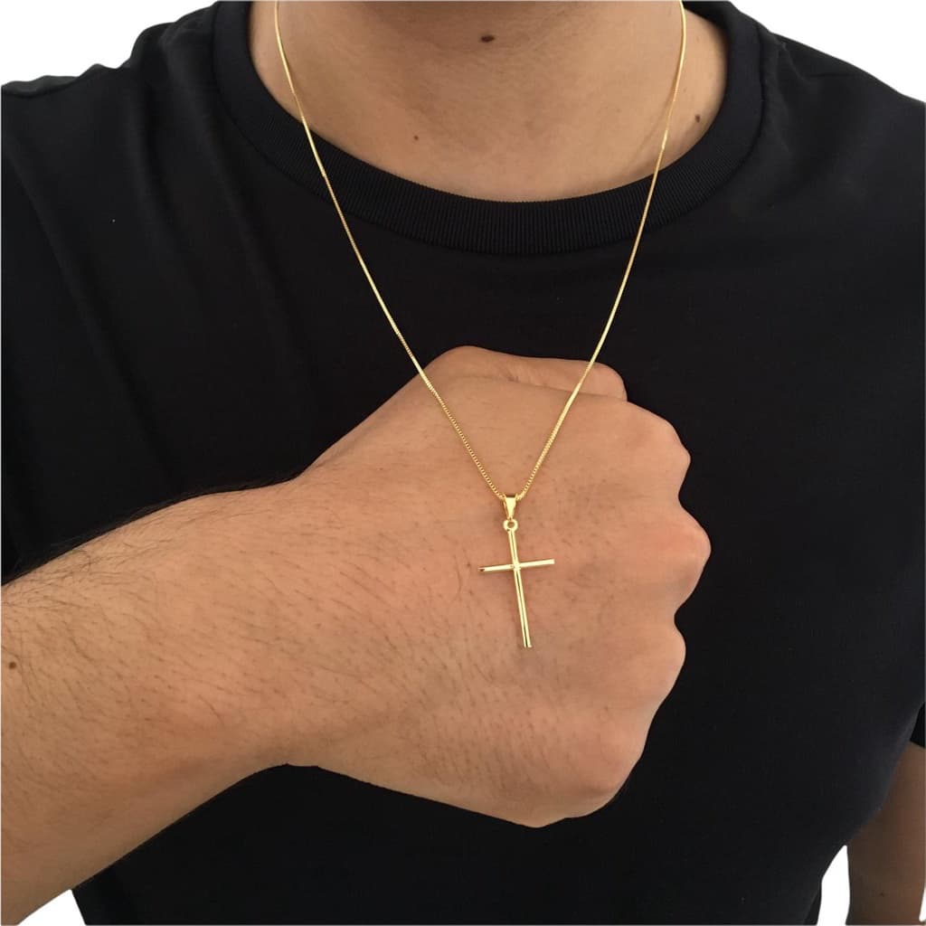 Corrente Veneziana + Pingente Cruz Palito Banhados a ouro 18k Cordão Masculino e Crucifixo