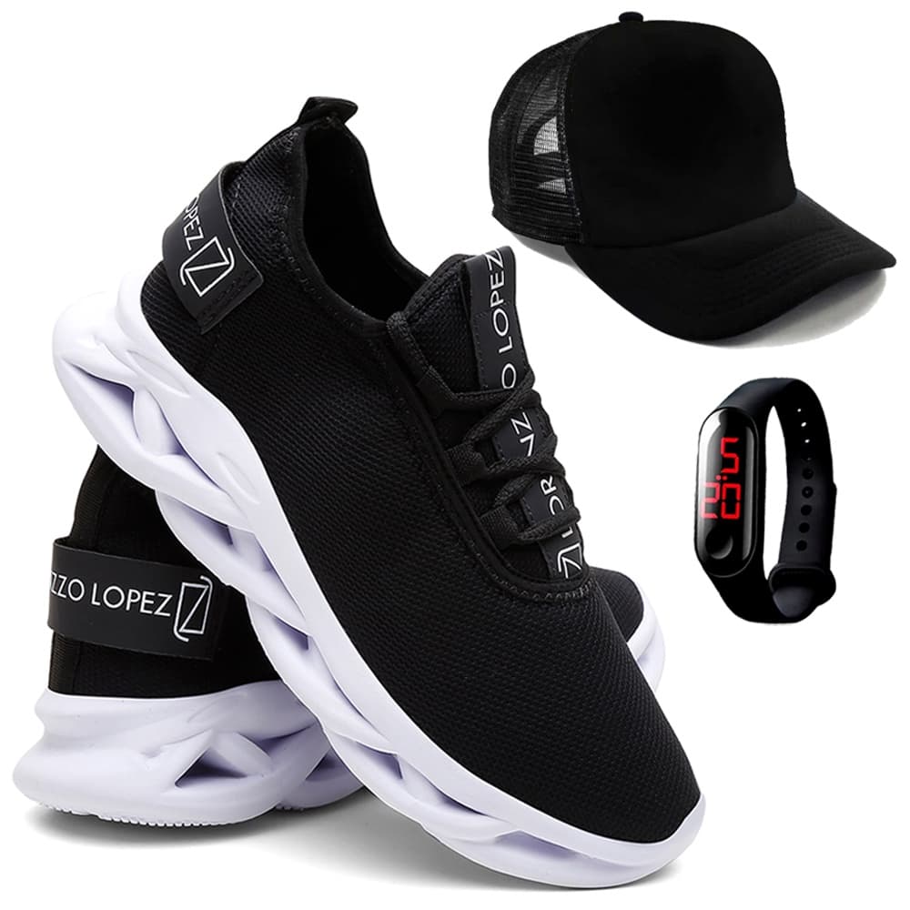 Kit Corrida Tênis Masculino Esporte Academia Boné e Relógio Digital