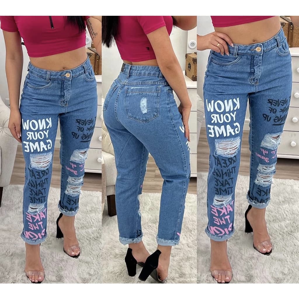 Calças Jeans Mom estampada