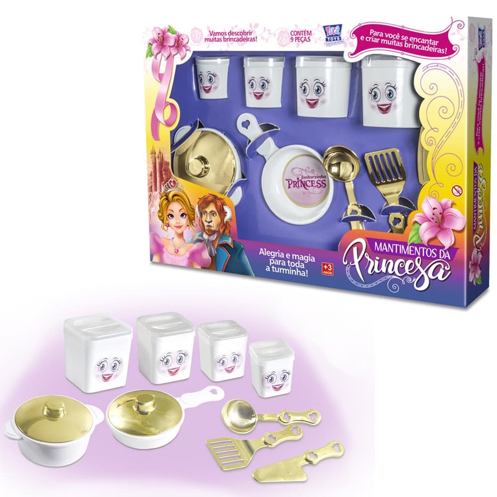 KIT COZINHA INFANTIL COM TALHERES + PANELA E ACESSORIOS MANTIMENTOS DA PRINCESA 9 PECAS