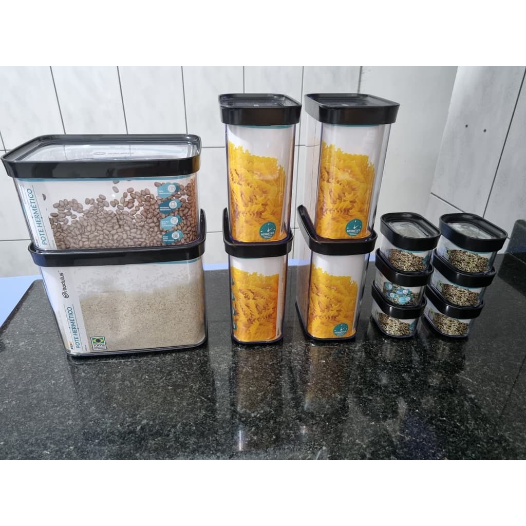 Conjunto 12 Potes Herméticos Anti Impacto na cor Preta