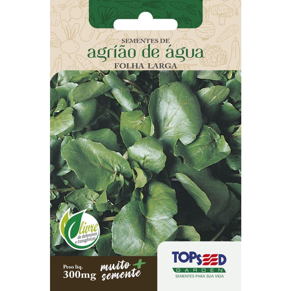 Sementes de Agrião de Água Folha Larga 300mg Topseed para Horta Vaso Saladas e Temperos
