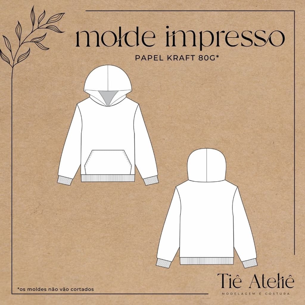MOLDE  EM PAPEL KRAFT BLUSA FEMININA MOLETOM COM CAPUZ E BOLSO CANGURU PARA COSTURA MODELAGEM PAPEL