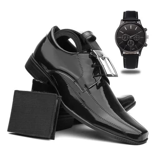 Kit Sapato Social Masculino De Amarrar Em Verniz Preto Homem Moderno Com Cinto Carteira E Relógio de Ponteiro