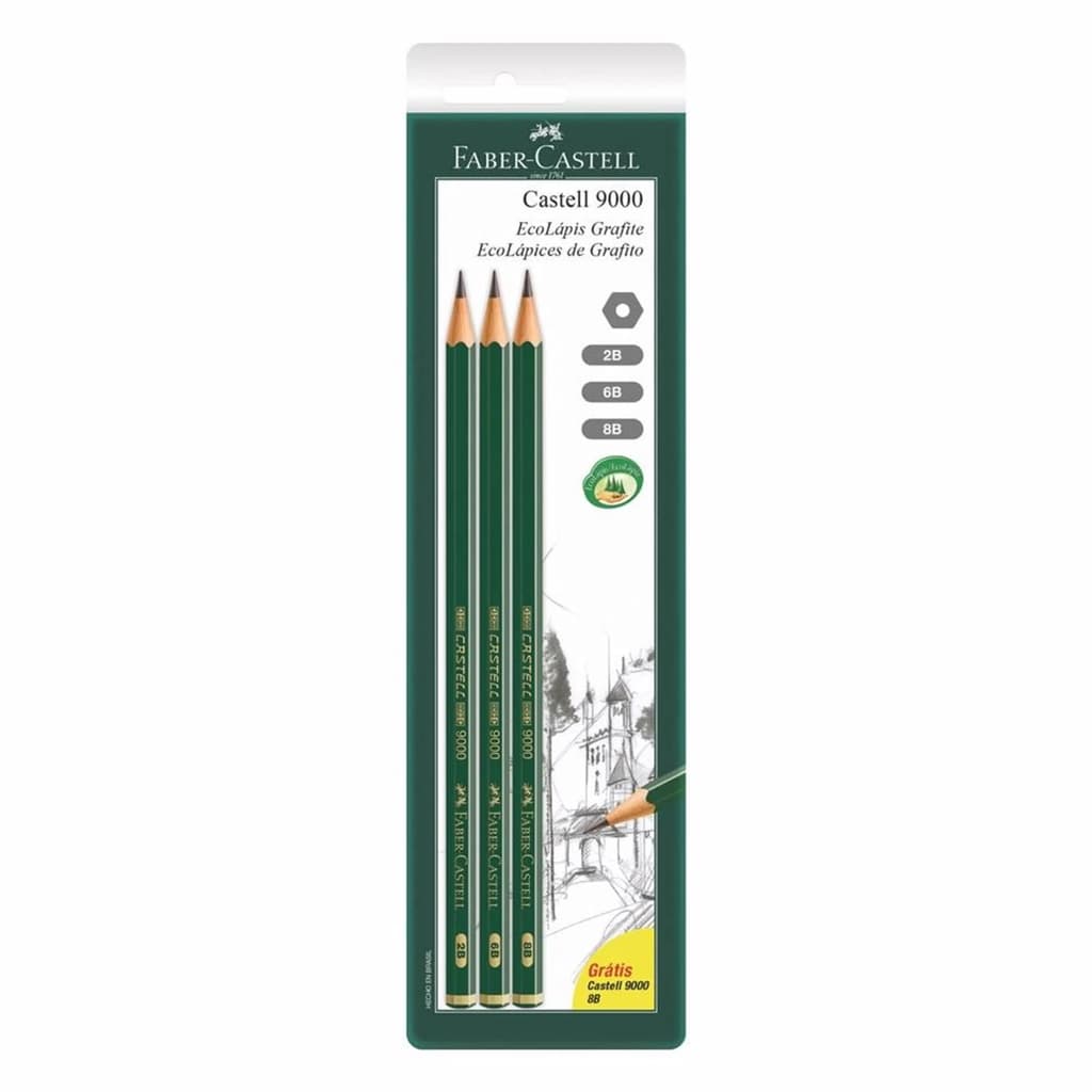 Lapis Preto Tecnico 2B/6B/8B 9000 Faber Castell kit c/03 lapis