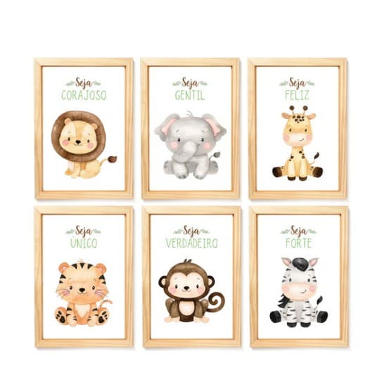 Kit Quadros Decorativos Mosaico 6 Peças Frase Safari Baby Aquarela Infantil Menino Menina Tema Animais Leão Elefante Zebra Tigre Macaco Girafa Minimalista Desenho