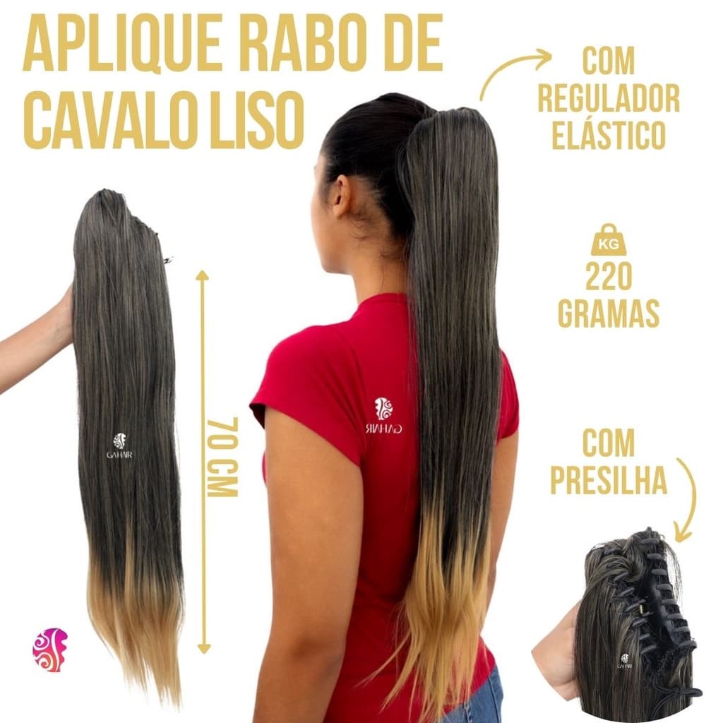 Aplique Rabo de Cavalo Liso - Macio - Semelhante Ao Cabelo Humano - Fibra Orgânica - Com Presilha - Facil Colocação