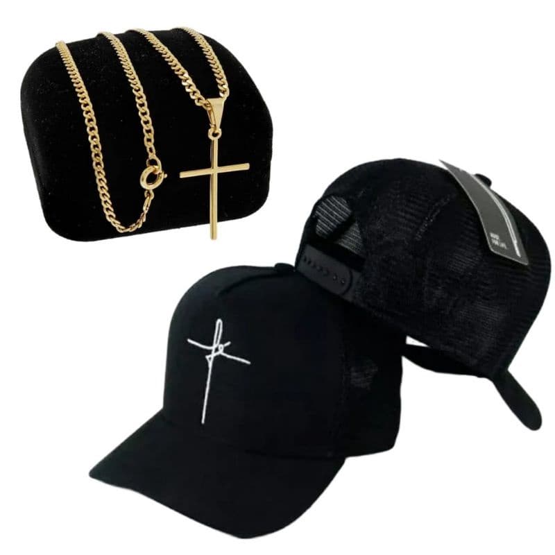 Kit Masculino Corrente Cruz dourada + Pingente 18k + Boné fé Promoção .2023 Só Hoje