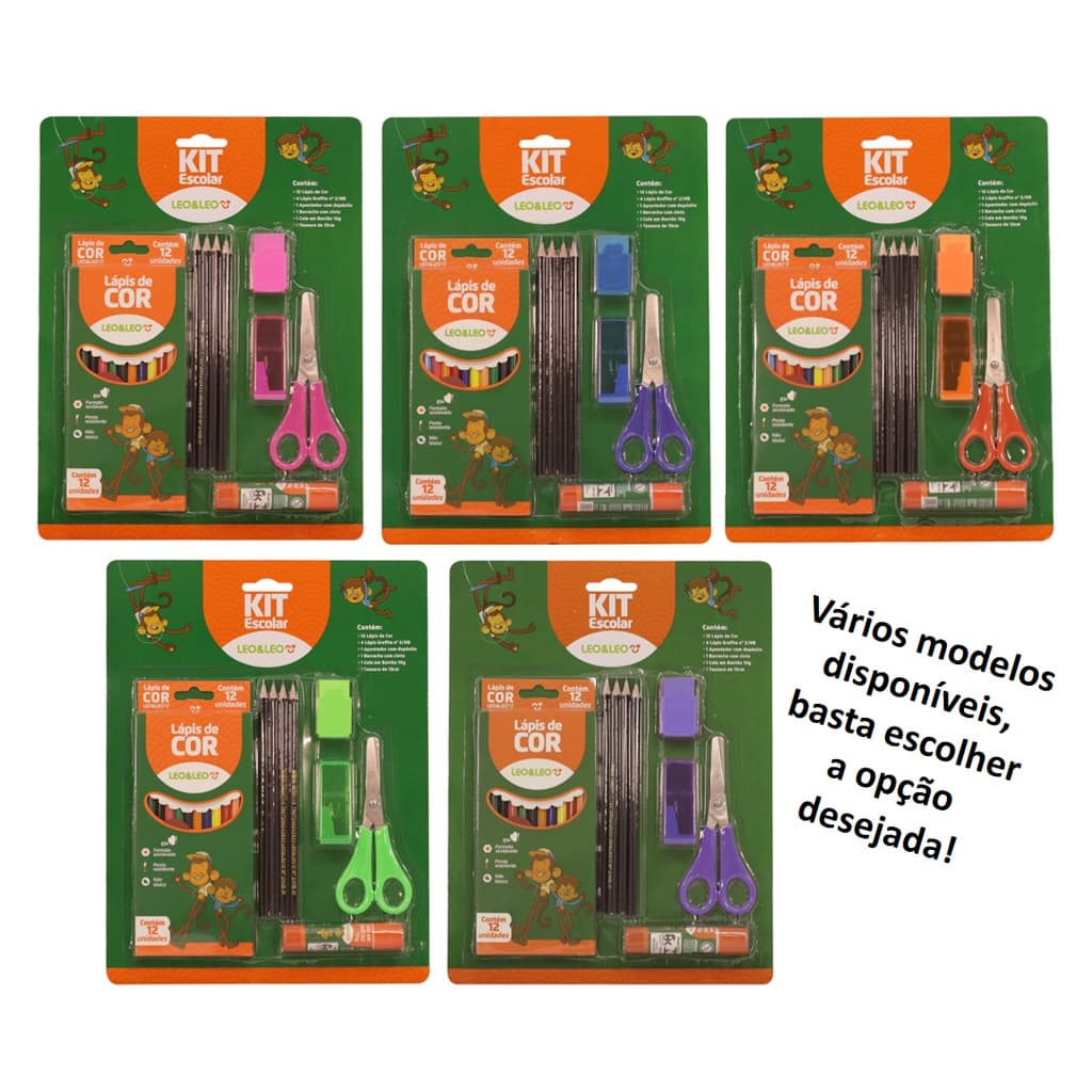 Kit Escolar Com Lápis, Borracha, Apontador, Cola E Tesoura Menino e Menina