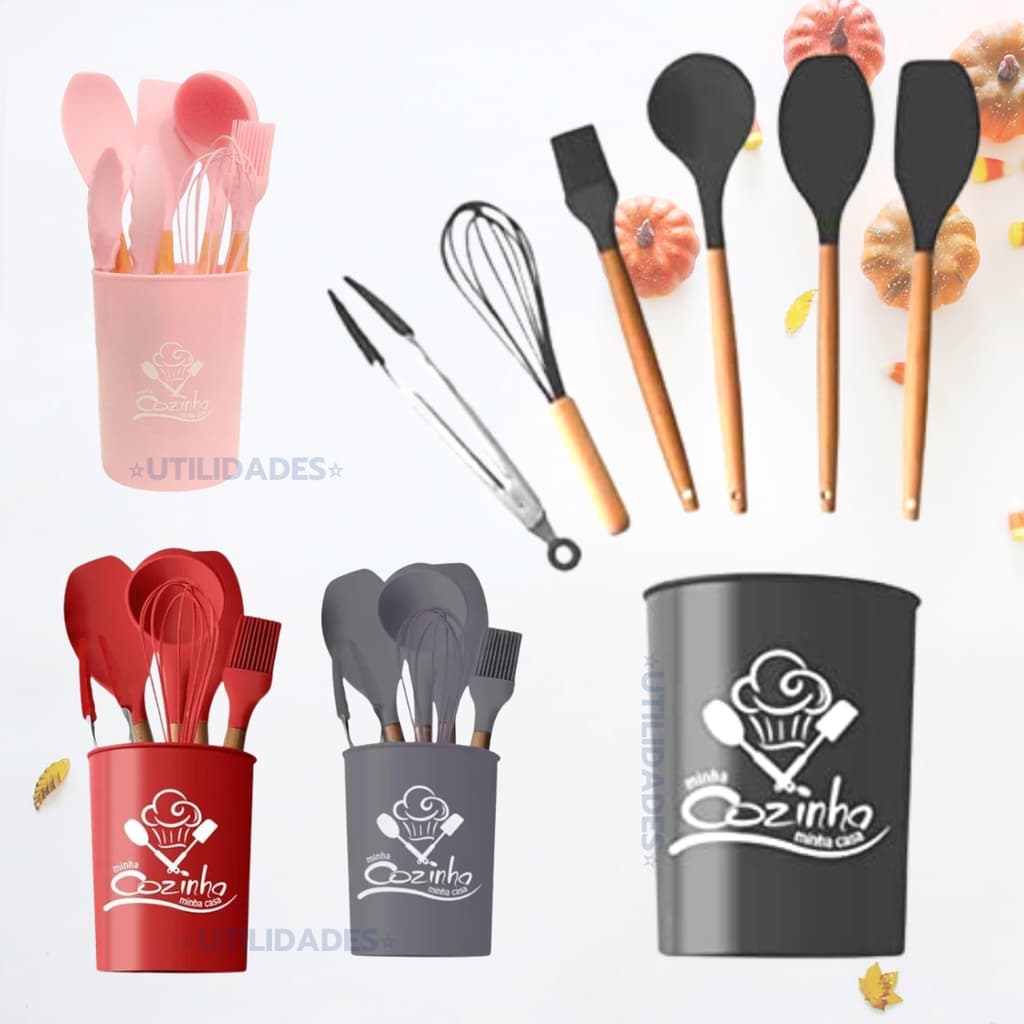 Kit Talheres de Silicone 7 Peças para Cozinha Pegador Espátula Concha