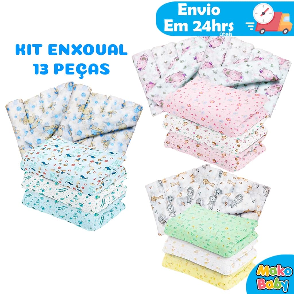 Kit Enxoval Bebe de 13 Peças - 3 Cueiro Bebe Flanelado + 10 Fralda de pano 60cm x 60cm 100% algodão