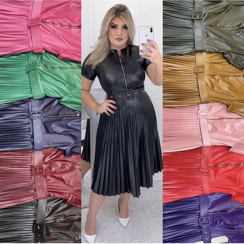 Vestido Plissada Cirre Lisa Midi Rodado Moda Evangelic Com Cinto-00008