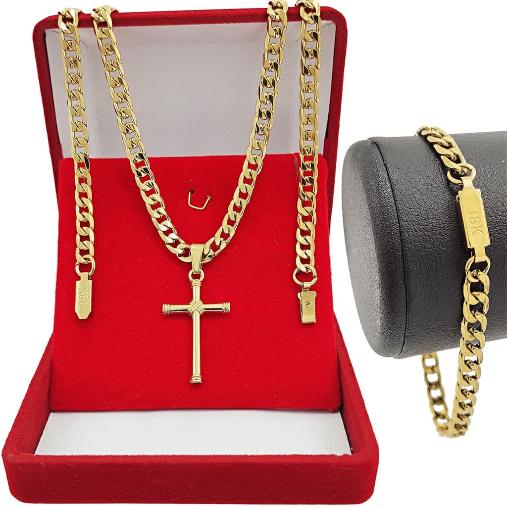 Corrente Masculina Cordão Grumet Banhado a Ouro 18k 70cm Dourado  Pingente Crucifixo e Pulseira Grossa