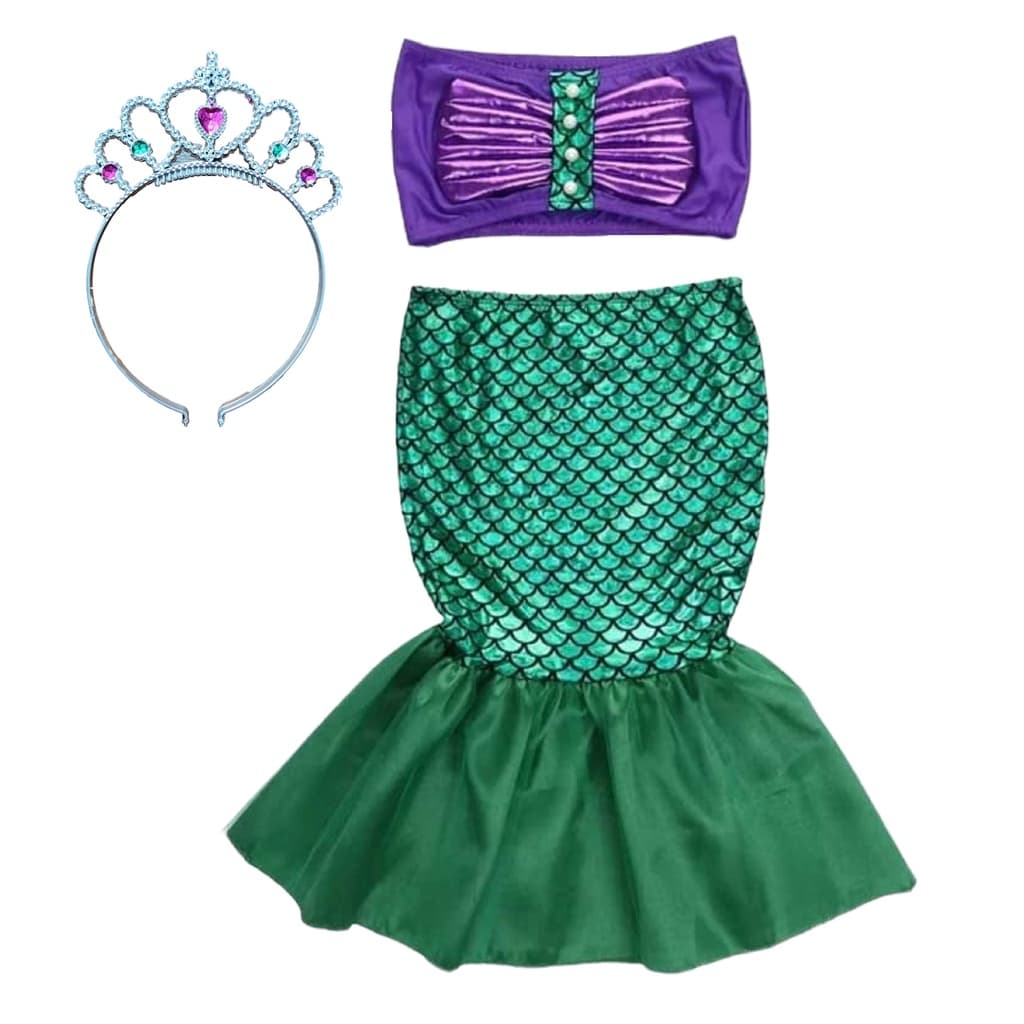 Kit Fantasia Infantil Pequena Sereia Princesa Cauda Ariel + Tiara acessório de beleza