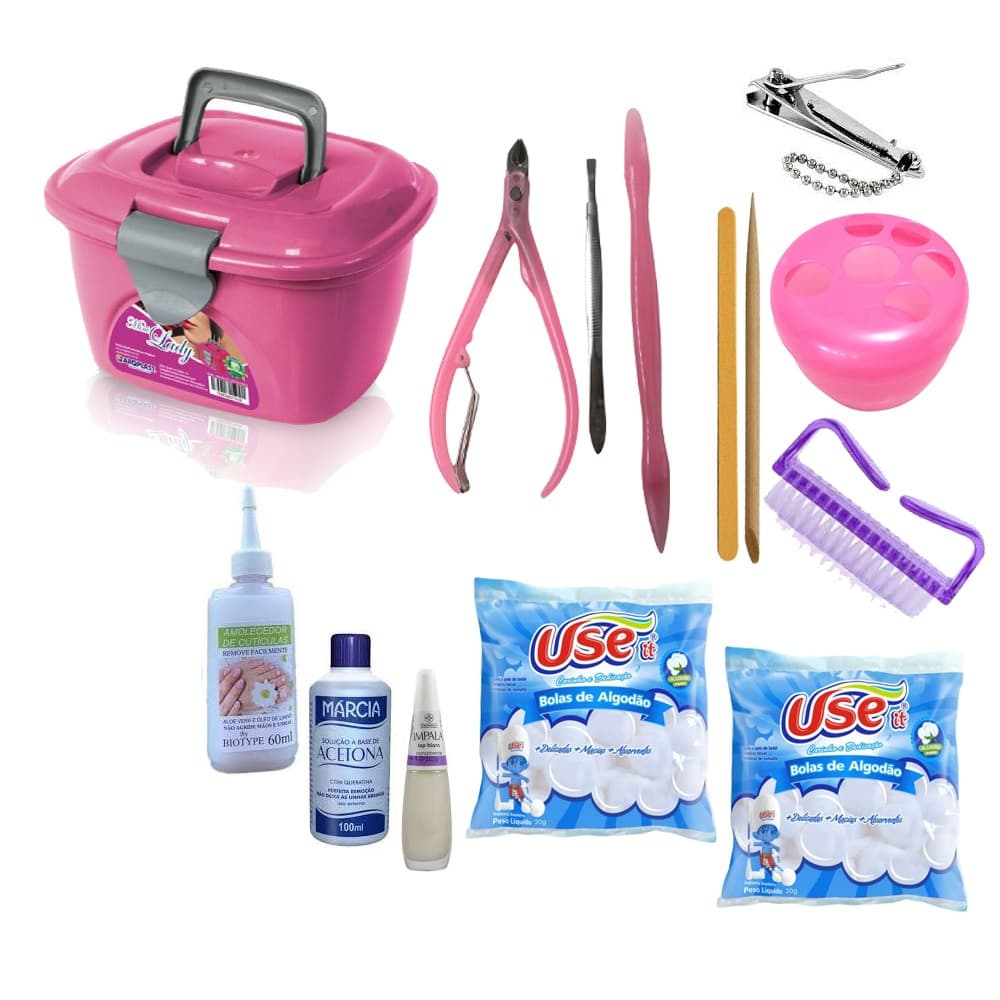 Kit 18 Item Manicure Completo Mini Maleta Lady box Pote faz unha alicate