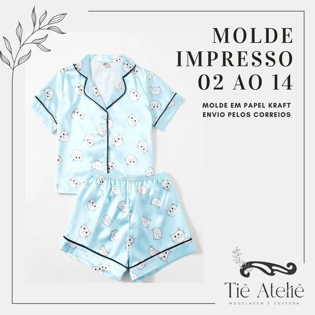 MOLDE EM PAPEL KRAFT DE PIJAMA AMERICANO INFANTIL CURTO PARA COSTURA MODELAGEM EM PAPEL KRAFT