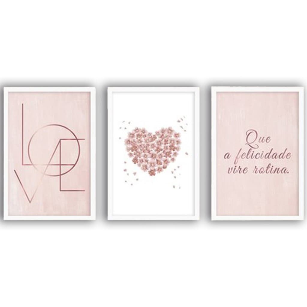 Kit Quadros de Parede Feminino Decoração 3 peças Mdf Love Frases Positivas Coração Colorido Abstrato Moldura Luxo Quarto Sala 20x30