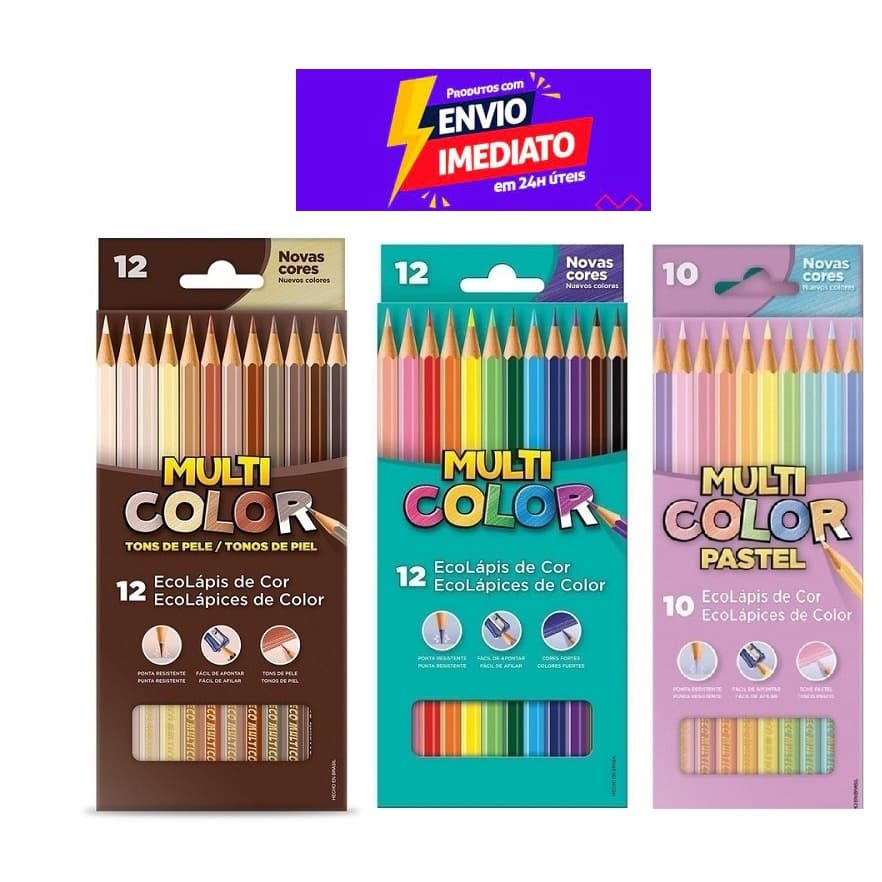 Kit Lapis De Cor Multicolor 12 cores  10 Tons pastel  12 Cor de pele Material Escolar Volta às Aulas Infantil Promoção