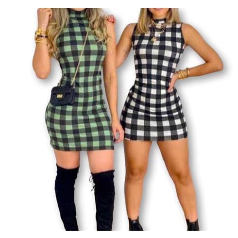 Vestido curto canelado xadrez gola alta cavado moda feminina