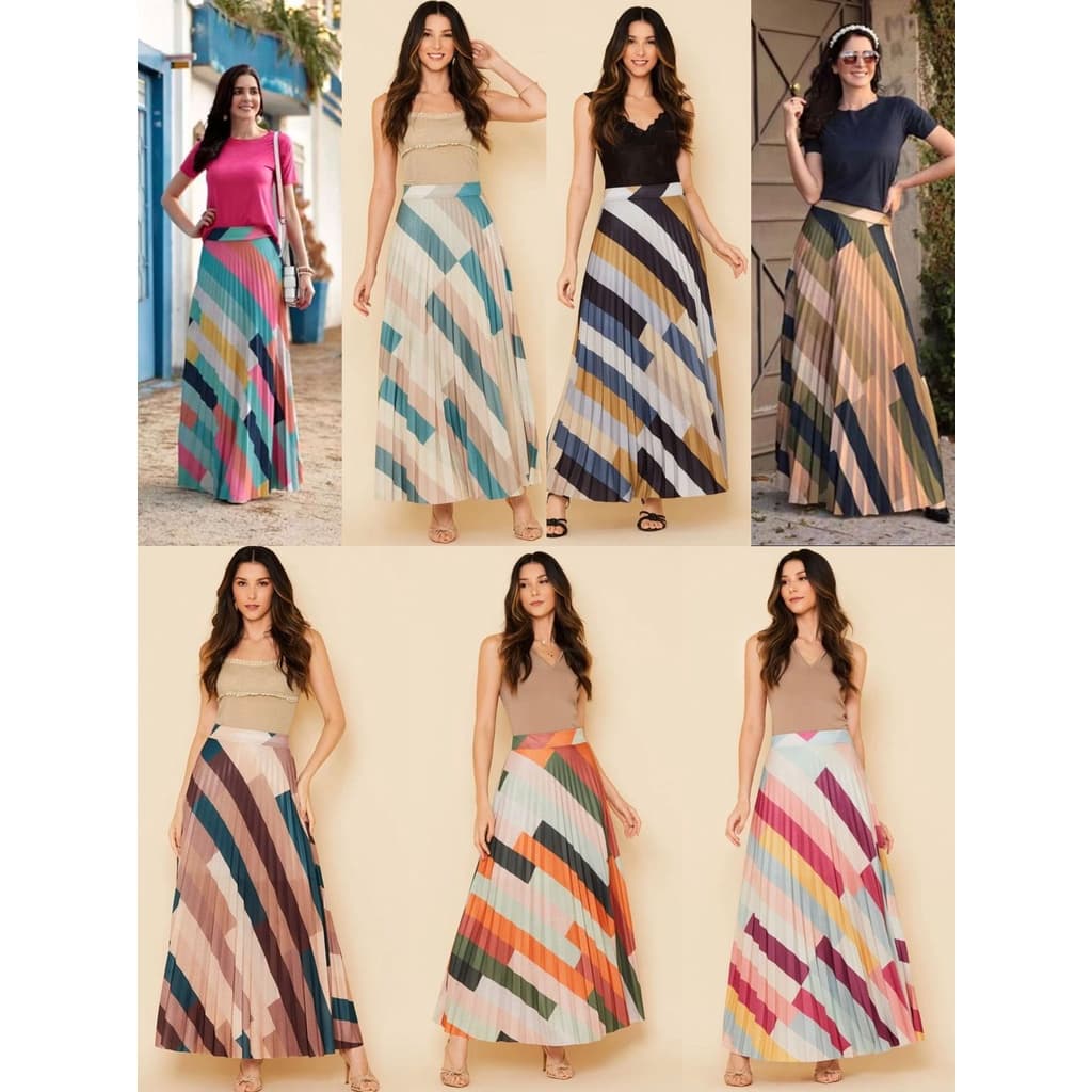 Saia Plissada Longo - Estampas Geométrica - Cintura Alta - Moda Evangélica-00066