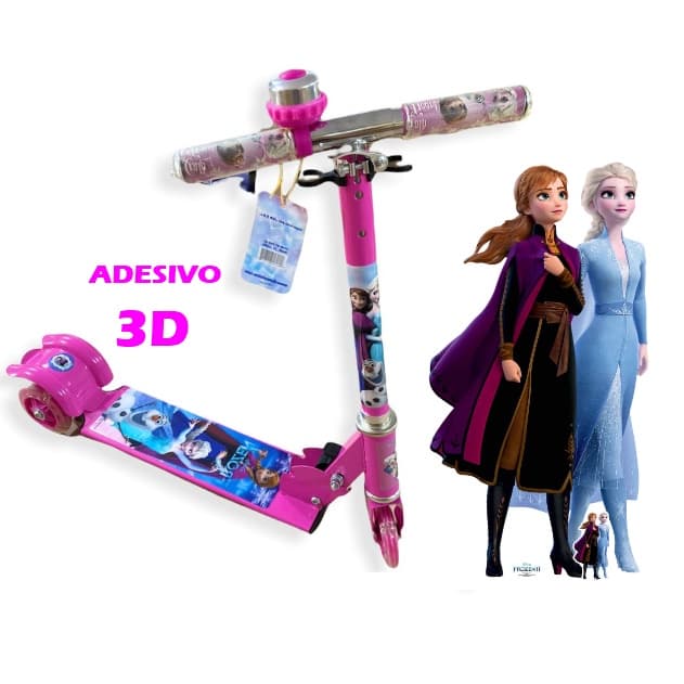 Patinete Infantil Menina Frozen 3D de Ferro Dobrável Ajustável Led Nas 3 Rodas Buzina 3 a 6 Anos