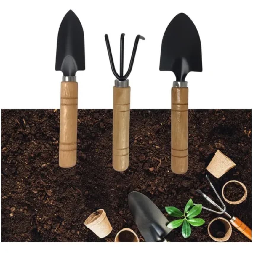 Kit Jardinagem 3 Peça Horta Jardim Pá Rastelo Cabo Madeira Vaso
