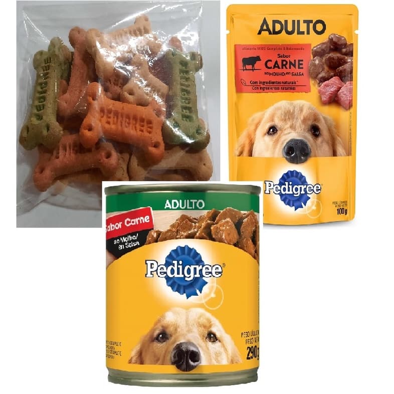 Ração Petisco Biscoito+ Pedigree Carne Lata+ Sachê Carne ao Molho 100g