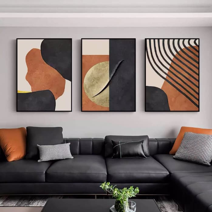 Quadro decorativo 3 telas Abstrato bloco de cores laranja terroso elegante para ambientes  modernos