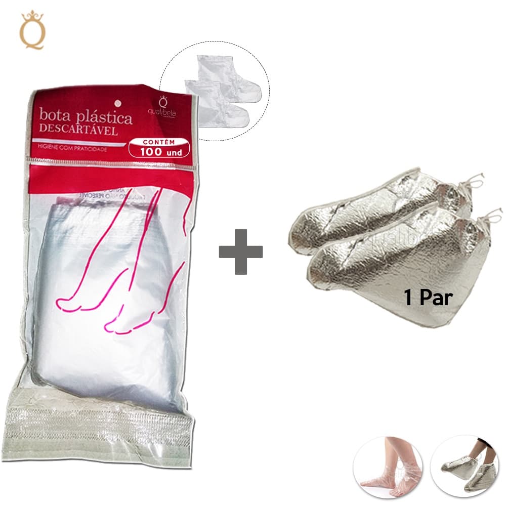 Kit Bota Metalizada Térmica + 100 Botas Plásticas Spa dos Pés Calosidades e Rachaduras