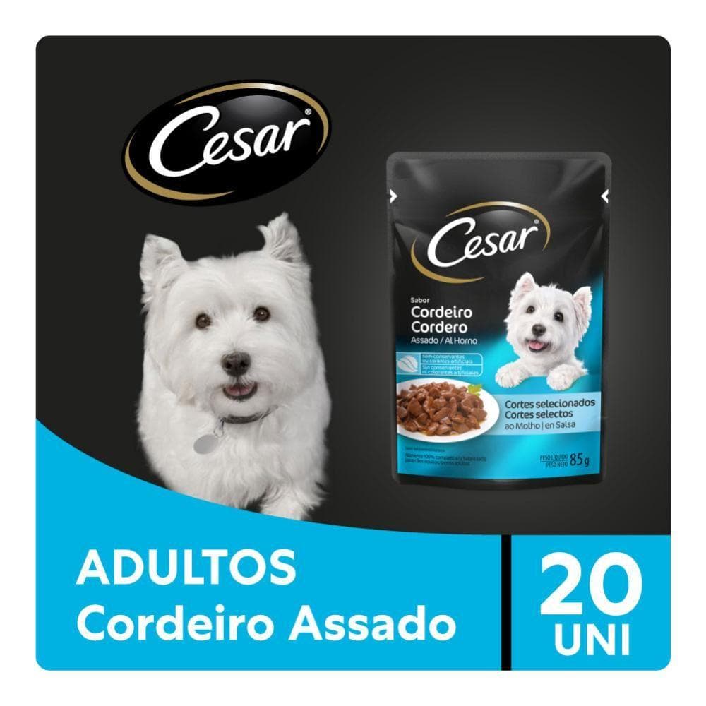 Caixa 20un Ração Úmida Cesar Sachê Cães Adultos Cordeiro Assado ao Molho 85g