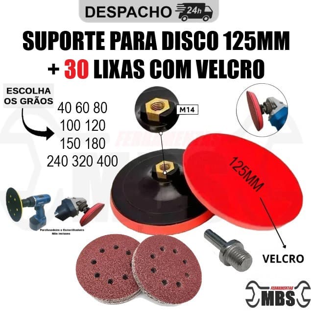 Kit Suporte Disco 125mm + 30 Disco de Lixa c/ Velcro p/ Furadeira Esmerilhadeira - Óxido de Alumínio Fertak