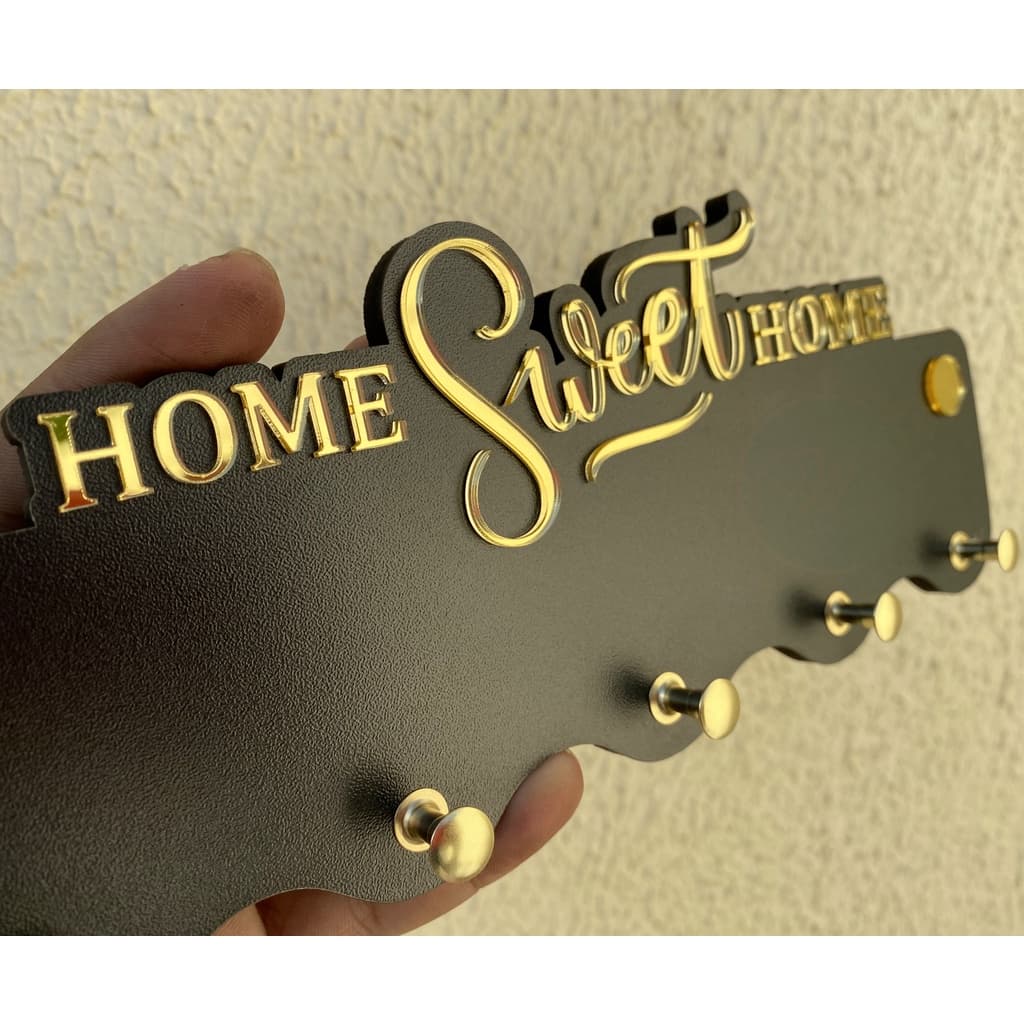 Porta Chaves Home Sweet Home, Suporte de parede para Chaves, MDF Preto , Com Detalhes Espelhado